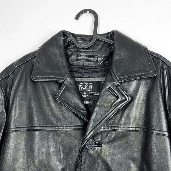 Wilsons Pelle Studio Men's Medium Black Genuine Leather Coat 90s Vintage - Picture 3 of 7